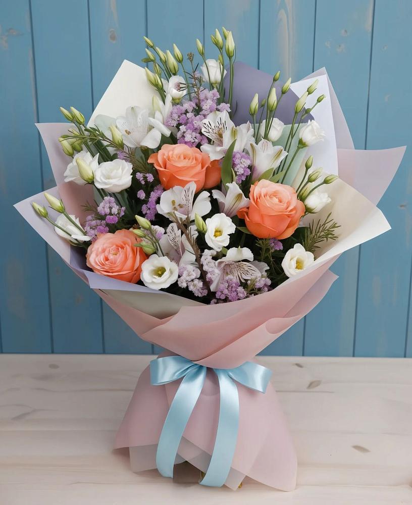 Букет цветов из: Лизиантусы, Розы, Альстромерии и Гипсофила в Оршанке